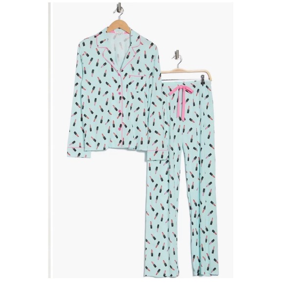 PJ Salvage Mint Lipstick Pajama Set Long Sleeve Button Down Pants Women's Large - Picture 3 of 7